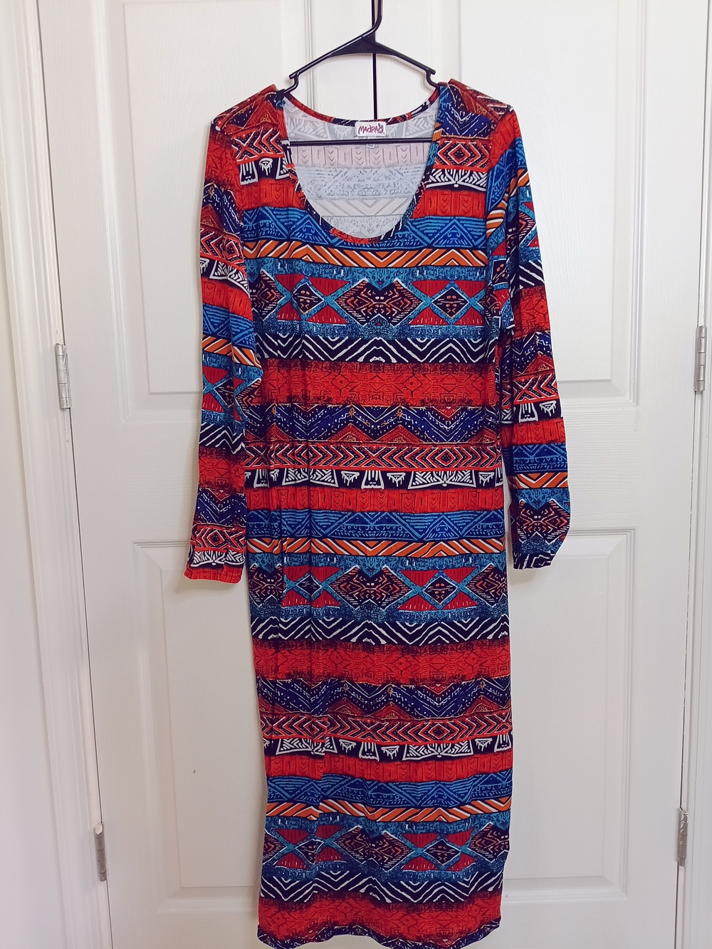 Madrag Patterned Dress Womens 2X Red Blue Good Long Sleeve Tribal Scoop Midi